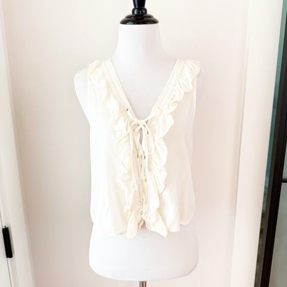 Women’s Boho Victorian Steampunk Ruffle Tie Front Vest Top Ivory Italy O/S M - Picture 1 of 11